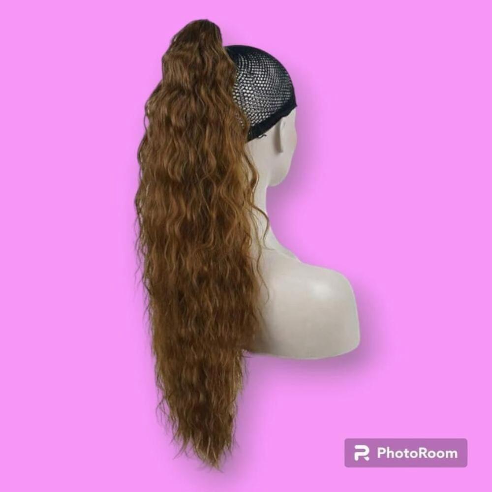 Golden Brown Curly Wavy Yaki Clip In Extensions Ponytail